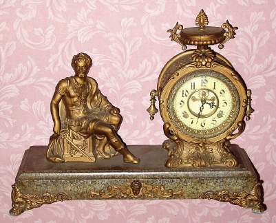 C.1900, New Haven Clock Co., "Brennus" , 8-day time/strike figural clock, cast white metal with painted finish. — Antique Clocks Price Guide