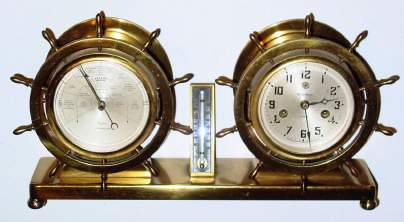 C.1929, Waterbury Clock Co., Waterbury Conn, "Ship's Bell No. 19", 8-day time/strike clock/barometer/thermometer desk set. — Antique Clocks Price Guide