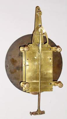 C.1810, French or Austrian, Movement only, pull wind via small rope, with unique dead beat escapement with escape wheel having 6 teeth only, and the escapement external to the clock, the round "pin" shaped pallets attached to the crutch and fully adjustable, clicked pulley attached behind the front plate. — Antique Clocks Price Guide