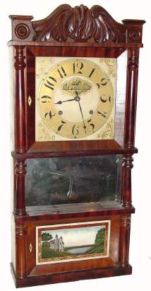 C.1832 C. and L. C. Ives, 8-day time/strike triple-decker shelf clock, with large, strap brass roller pinion movement. — Antique Clocks Price Guide