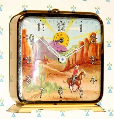 C.1951, E. Ingraham and Co., Bristol, Conn, "Roy Rogers" , 30-hour novelty alarm timepiece (Roy rocks on his horse while clock runs). — Antique Clocks Price Guide