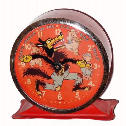 C.1934, Ingersoll, Waterbury, Conn, "Three Little Pigs" , 30-hour novelty alarm timepiece (Wolf's mouth opens and closes as clock runs). — Antique Clocks Price Guide