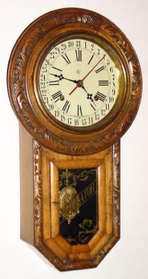 C.1910, Japan, Mini Round Drop school clock with carved bezel and calendar, 8-day with strike. — Antique Clocks Price Guide