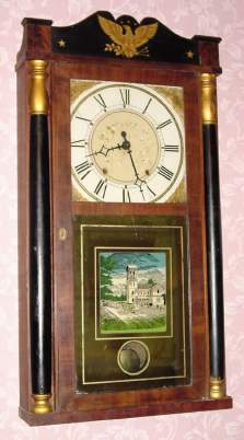 C.1830, Eli Terry, Jr. and Co., Plymouth, Conn, 30-hour time/strike wood movement half column and splat shelf clock. — Antique Clocks Price Guide