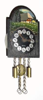 C.1960, German, Mini Pendulette dial clock, hand painted mountain scene, one day, ticks. — Antique Clocks Price Guide
