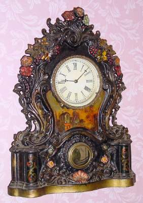 C.1850, William S. Johnson, New York, 8-day time/strike iron front shelf clock, with SUPERIOR decorations. — Antique Clocks Price Guide
