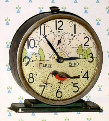 C.1933, Westclox, LaSalle, Ill, "Early Bird", 30-hour novelty alarm timepiece, Rocking robin is pulling a worm from the earth. — Antique Clocks Price Guide