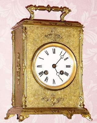 C.1884, French, Japy Freres, 8-day time and strike, portable boudoir clock, brass veneered. — Antique Clocks Price Guide
