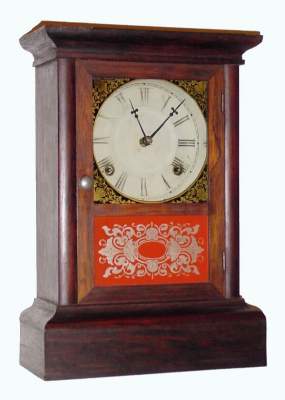 C.1865, Atkins Clock Co., Bristol, Conn, 8-Day, cornice top shelf clock in rosewood with original tablets. — Antique Clocks Price Guide