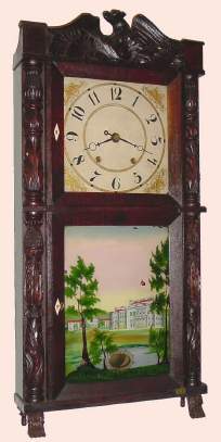 C.1837, Eli Terry, Jr, and Co., Terrysville, Conn, 8-day time and strike wood movement carved column and eagle splat shelf clock, 2-deck with beveled doors. — Antique Clocks Price Guide
