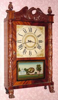 C.1832, Mitchell and Atkins, Bristol, Conn, short carved column with eagle splat, 30 hour wood movement. — Antique Clocks Price Guide