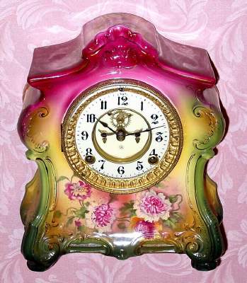 C.1904, Ansonia Clock Co., NY, "La Fontaine" , 8-day time/strike porcelain mantel clock, with open escapement. — Antique Clocks Price Guide
