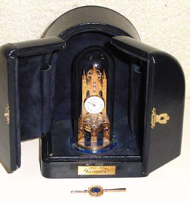 C.1985, Swiss, Comer, Lamignonnette, miniature engraved 8-day skeleton timepiece, 17 jewel lever movement. The original of this model was designed by George Thomas of Lutherville, MD, and was made in a limited edition of 50 pieces only. — Antique Clocks Price Guide