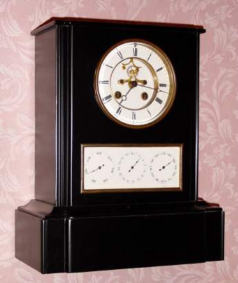 C.1890, French, Baschet Baullier, Paris, Perpetual Calendar, black slate case with round time dial and rectangular calendar dial. — Antique Clocks Price Guide