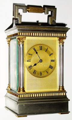 C.1900, French, Drocourt, Brass Cased Carriage clock, time, strike and repeat in a two-tone Angle Riche case and with gilt engine turned dial mask. — Antique Clocks Price Guide