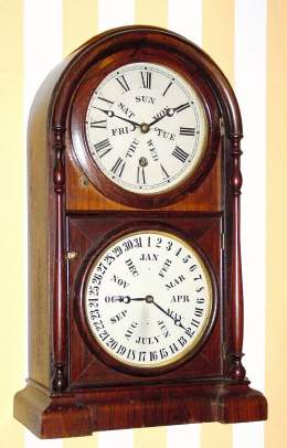 C.1872, Welch, Spring and Co., Forestville, Conn., "Italian No. 3" , 8-day time and calendar timepiece with a B. B. Lewis calendar in a rosewood veneered case. — Antique Clocks Price Guide