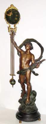 C.1890, French, Bronzed Spelter Swinging Mystery Timepiece, uncommon figure of ARION with harp (par Louis Moreau), with 35.5" arm [90cm], and 6" [15cm] ball. — Antique Clocks Price Guide