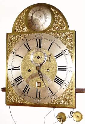 Movement ONLY, C.1780-1800, English, Ian Ronning, Newmarket, Brass Dial, 8-day tall clock movement with mat center, aperture above 6 for rolling calendar, and seconds hand. — Antique Clocks Price Guide