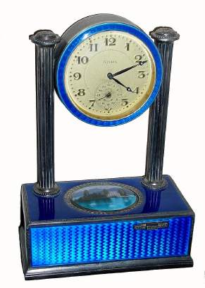 C.1940, Swiss, Sterling Silver and enamel, 8-Day Singing Bird Alarm Clock, singing at will or if you set the alarm. — Antique Clocks Price Guide