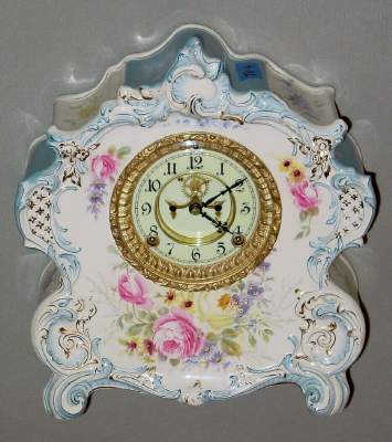 C.1901, Ansonia Clock Co, NY, Royal Bonn La Vogue, porcelain china clock with exposed escapement. — Antique Clocks Price Guide