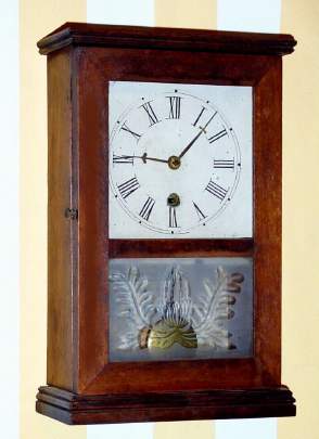 C.1855, Silas B. Terry, Terryville, Conn., 30-hour cottage timepiece with a ladder type movement with the spring outside the back plate. — Antique Clocks Price Guide