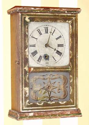 C.1855, Silas B. Terry, Terryville, Conn., 30-hour cottage timepiece with a ladder type movement with the spring outside the back plate. — Antique Clocks Price Guide