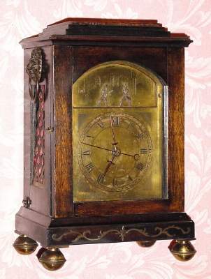Late 18th century, English, Small Crown Verge, 2-fusee, Quarter Striking bracket clock, with a later C.1900 brass dial with block letters stating "RIMBAULT, LONDON", and with animation in the arch. — Antique Clocks Price Guide