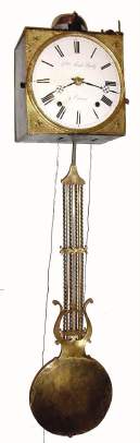 C.1820, French, Extra Large Morbier, Francois Moret Bailly, Orcieres, (the retailer) crown wheel and verge escapement, with an external striking bar that transmits the strike motion not only up to the bell on top, but a rod may also be run down(or up) to the next floor. — Antique Clocks Price Guide