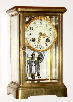 C.1900, French, Japy Freres, 4-Glass Crystal Regulator, small size, with 2.7" dial, and small 2-vial pendulum. — Antique Clocks Price Guide