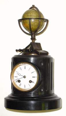 C.1880, French, Bronze and Marble Clock with Globe , and explorers tools, a telescope, atlas and compass. — Antique Clocks Price Guide