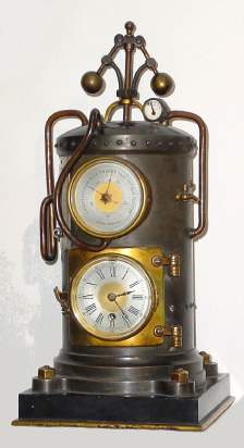 C.1880, French, "Vertical Steam Boiler" with governor (not animated), clock and barometer, from the Industrial Series. — Antique Clocks Price Guide