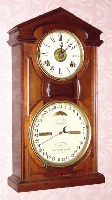 C.1874, Ithaca Calendar Clock Co., "No. 7 Shelf Cottage" , 8-day time/strike/alarm, double dial calendar clock. — Antique Clocks Price Guide