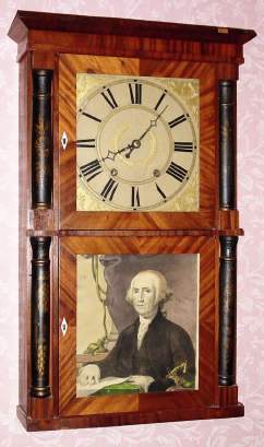 C.1835, Isaac T. Pease, Enfield, Conn, Empire cased split stenciled column and cornice, 30-hour wood works shelf clock. — Antique Clocks Price Guide