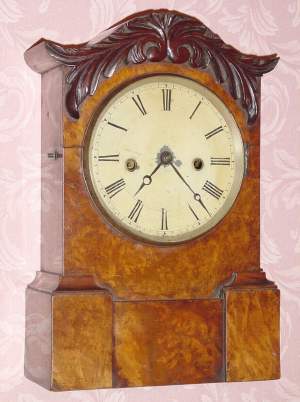 C.1855, Anglo-American shelf clock, with a Jerome/New Haven 8-Day fusee, time and strike movement in an attractive burled veneer case, probably by Holloway. — Antique Clocks Price Guide