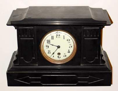 C.1890, Boston Clock Co., Boston, Mass, BELGIAN SLATE black mantel clock, with patent tandem wind 8-day movement, and porcelain dial. — Antique Clocks Price Guide