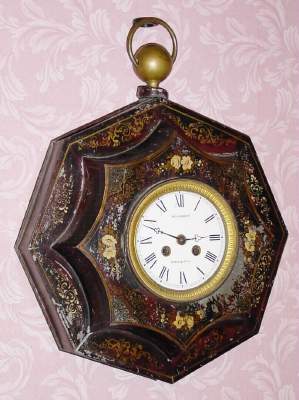 C.1900, French, Vincenti and Cie , 8-day time and gong strike tole painted wall clock. — Antique Clocks Price Guide