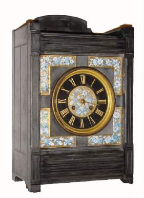C.1890, French for Tiffany and Co., New York unusual black slate and porcelain panel mantel clock, signed on movement and above numeral 6 on the dial. — Antique Clocks Price Guide