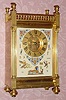  C.1885, French, S. Marti, Gilt bronze mantel clock, 8-day gong strike, with unusual porcelain plaque dial with Egyptian decorations, open escapement. 