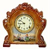  C.1905, Ansonia Clock Co, NY, Royal Bonn, "La Chartres", porcelain china clock, with a hand painted scene of 3 Dutch ladies at the harbor, with a fishing string in the water. 