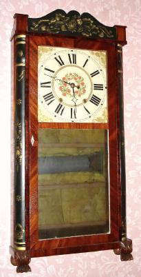 C.1830, E. Terry and Son, Plymouth, Conn., 30-hour time/strike wood movement, lg. quarter column and splat shelf clock. — Antique Clocks Price Guide