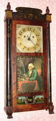 C.1830, Silas Hoadley, Plymouth, Conn., 30-hour time/strike/alarm wood movement Franklin label half column and splat shelf clock. — Antique Clocks Price Guide