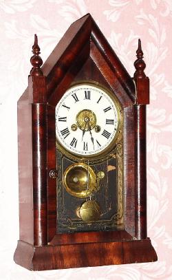C.1886, New Haven Clock Co., "Small Gothic, VP" 30-hour time/alarm steeple clock. — Antique Clocks Price Guide