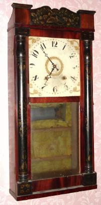 C.1830, E. and G. W. Bartholomew, Bristol, Conn., 30-hour time/strike wood movement stenciled column and splat shelf clock. — Antique Clocks Price Guide