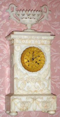 C.1840, French, Carved Alabaster Clock, in the Empire style, 8-day, silk thread suspension, and bell strike. — Antique Clocks Price Guide