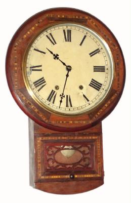 C.1900, Anglo-American, 8-day time/strike inlayed schoolhouse, round drop wall clock. — Antique Clocks Price Guide