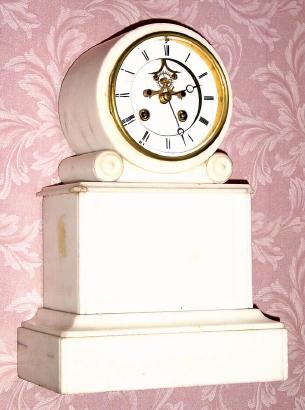 C.1890, French, 8-day time and bell strike white marble mantel clock, in "neglected" original shape. — Antique Clocks Price Guide