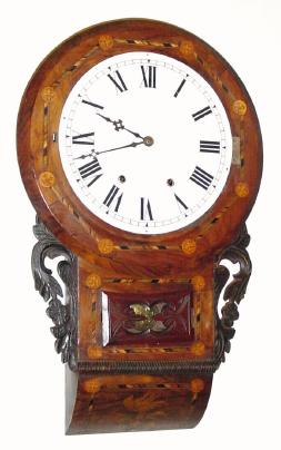 C.1890, Anglo American, 8-day time/strike carved and inlayed schoolhouse style wall clock, less bezel and glass. — Antique Clocks Price Guide