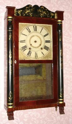 C.1830, Riley Whiting, Winchester, Conn., 30-hour time/strike wood movement half column and splat shelf clock, 3/4 size, less weights, re-drilled dial. — Antique Clocks Price Guide
