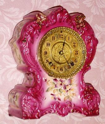 C.1898, William L. Gilbert Clock Co., "No. 416", 8-day time/strike porcelain mantel clock. — Antique Clocks Price Guide