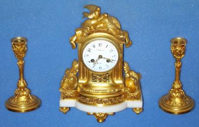 C.1880, French, Vincenti and Cie, 8-day time/strike 3-piece garniture set, ormolu and marble, 2 doves on top. — Antique Clocks Price Guide